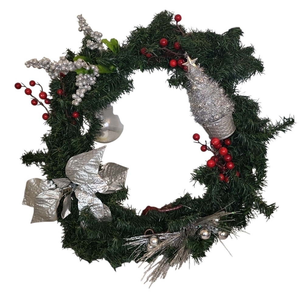 Festive Christmas Wreath with Silver Accents, Red Berries & Holiday Ornaments